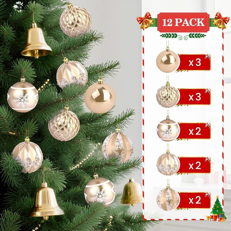 EverMerry EveryMerry 24-Pack 3.1 Inch Christmas Ornaments Set - Champagne White Ornament Balls with 5 Various Designs with Strings, Sturdy, Kraft Box with Lid for Xmas Tree, Holiday Party & Home Decor - Image 2